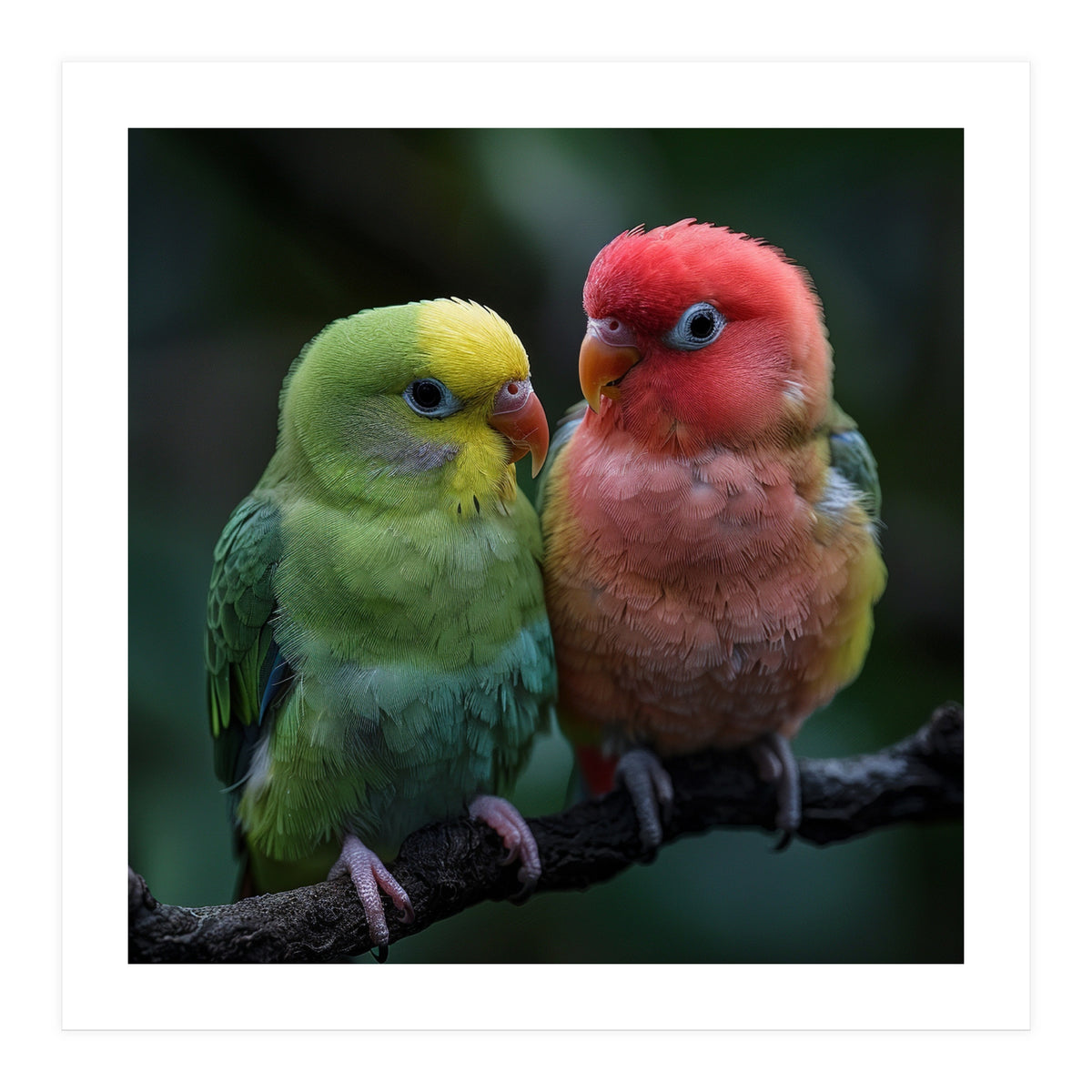 Two Lovebirds Sitting Together On A Branch (Print Only)
