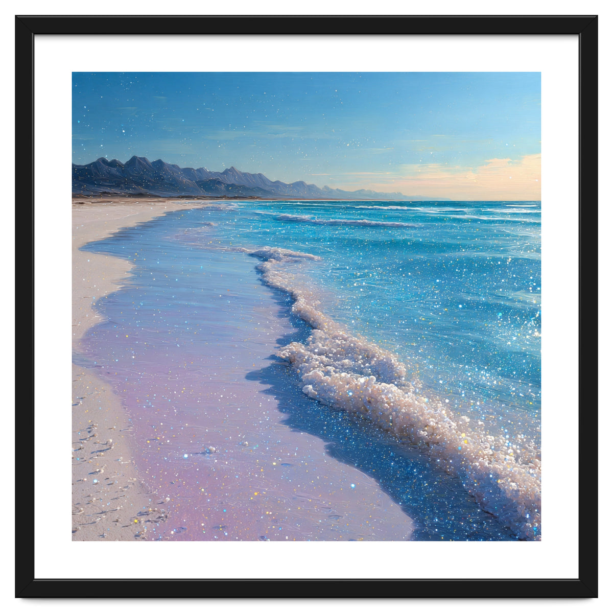 Sparkling Pastel Shoreline with Glittering Turquoise Waves