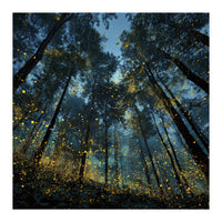 Celestial Forest Canopy with Swirling Golden Fireflies and Deep Twilight Blue Sky Digital Art (Print Only)