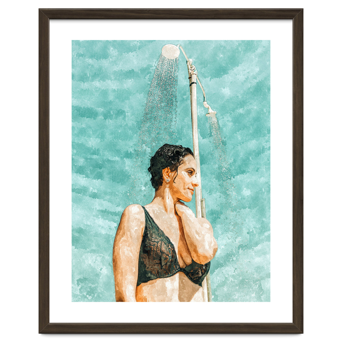 Bathe | Woman Pool Shower | Summer Swim Watercolor Painting | Brunette Bikini Boho Fashion