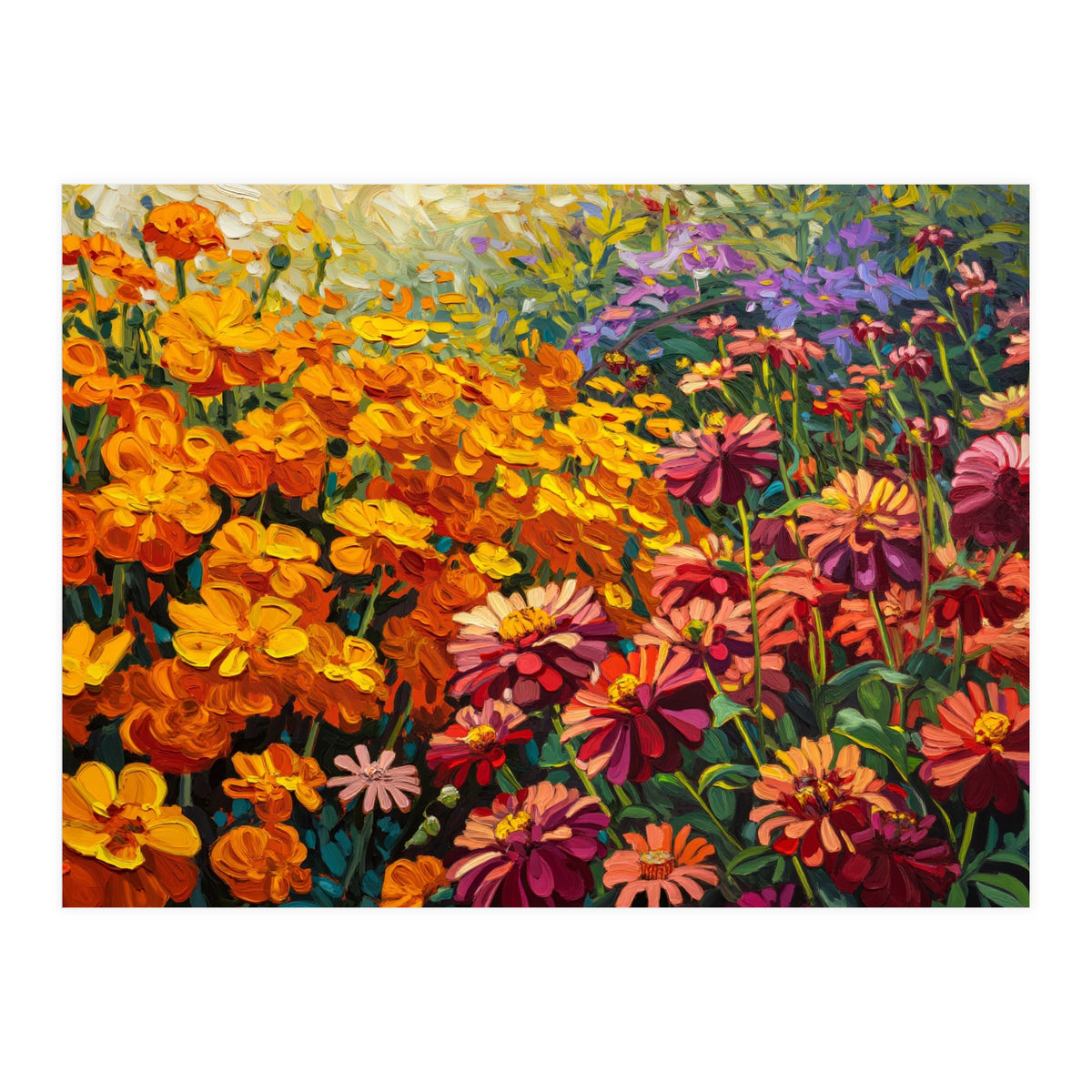 Radiant Summer Zinnia and Marigold Meadow Oil Painting (Print Only)
