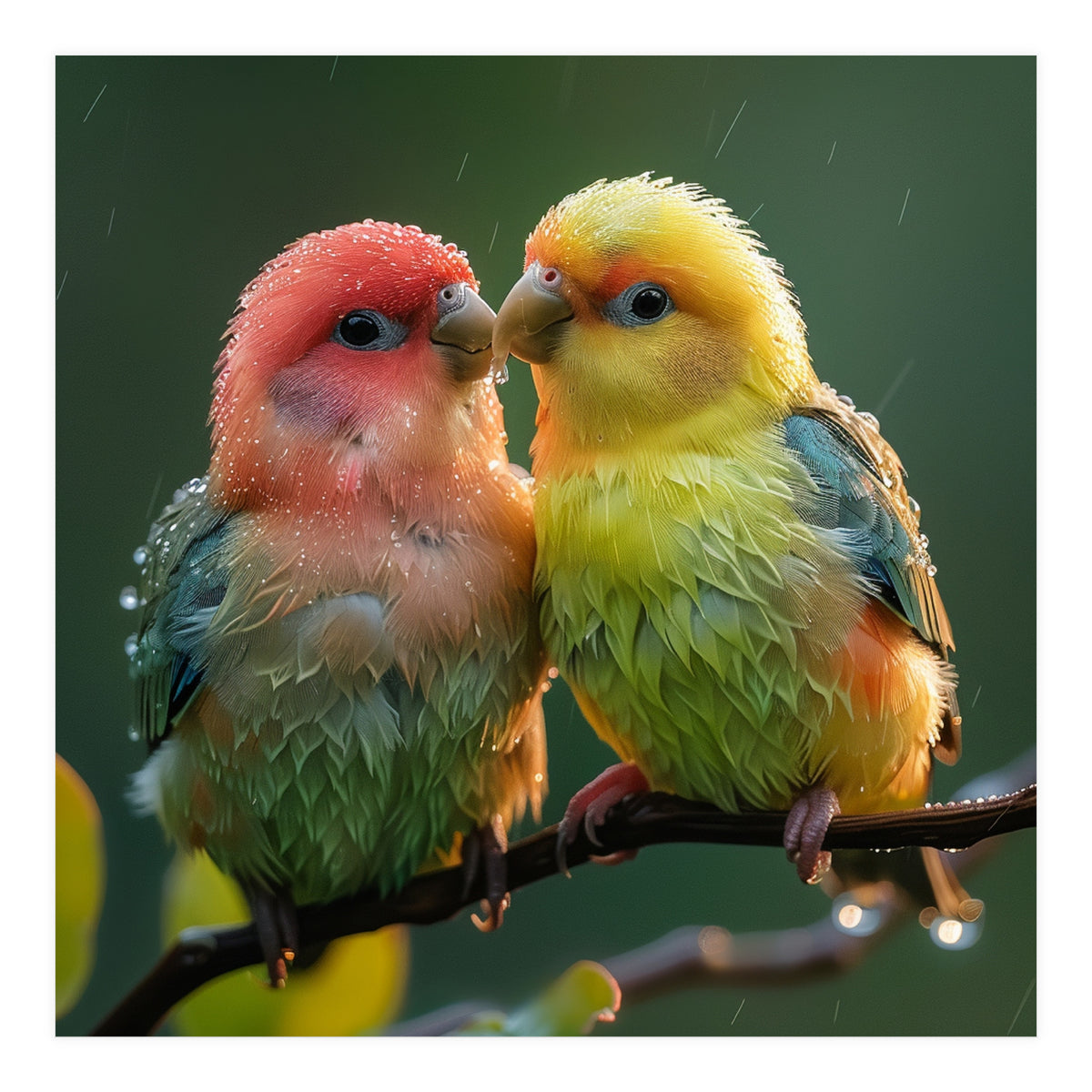 Two Lovebirds Perched On A Branch In Rain (Print Only)
