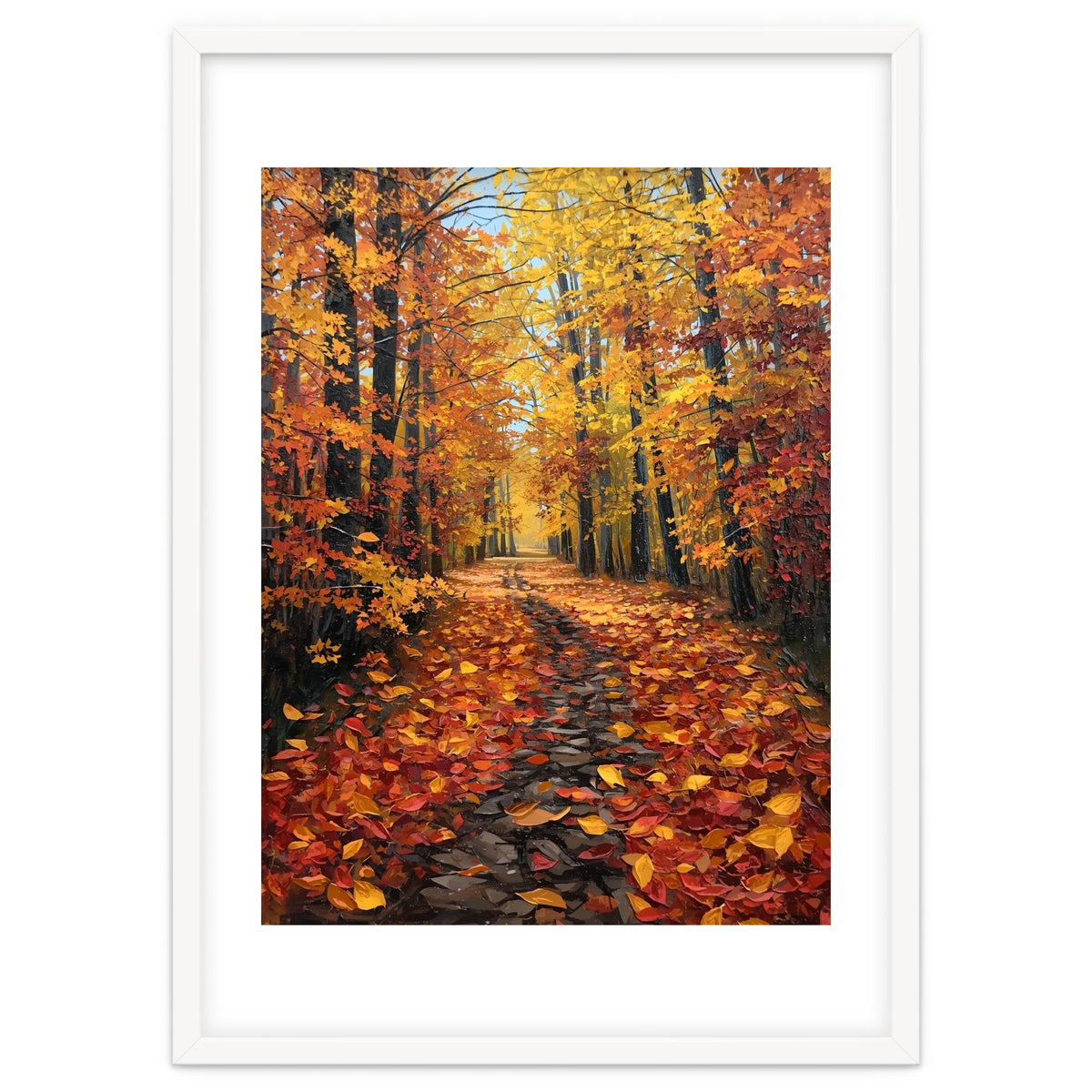 Sun-Drenched Golden Forest Path with Vibrant Autumn Foliage