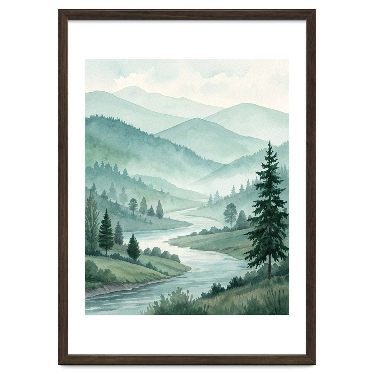 Serene Misty Mountain Valley Watercolor Painting