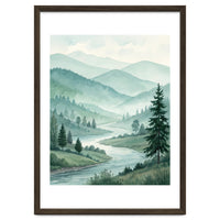 Serene Misty Mountain Valley Watercolor Painting