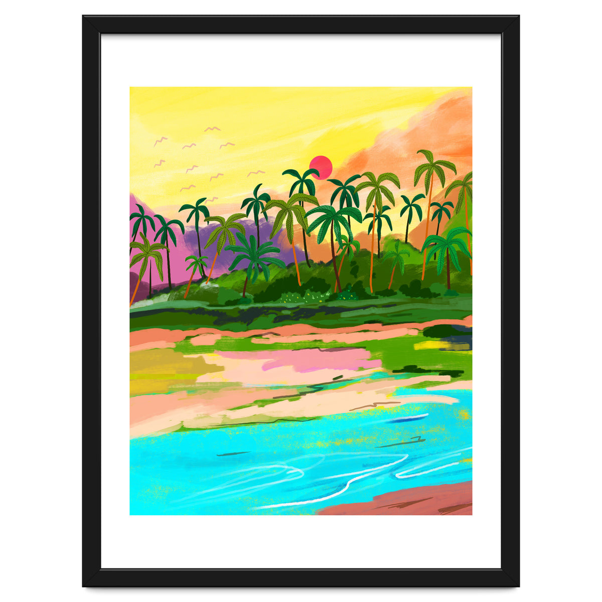 Tropical Backwaters Of Kerala, Nature Jungle Forest Landscape Painting, Dreamy Scenic Travel Lake Palm Bohemian