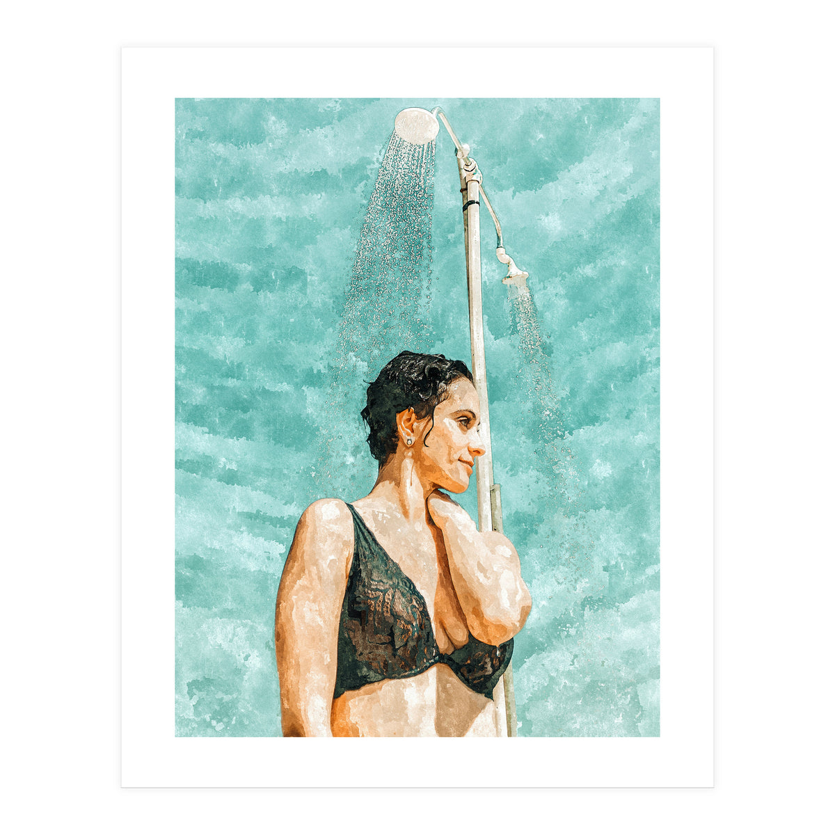 Bathe | Woman Pool Shower | Summer Swim Watercolor Painting | Brunette Bikini Boho Fashion (Print Only)