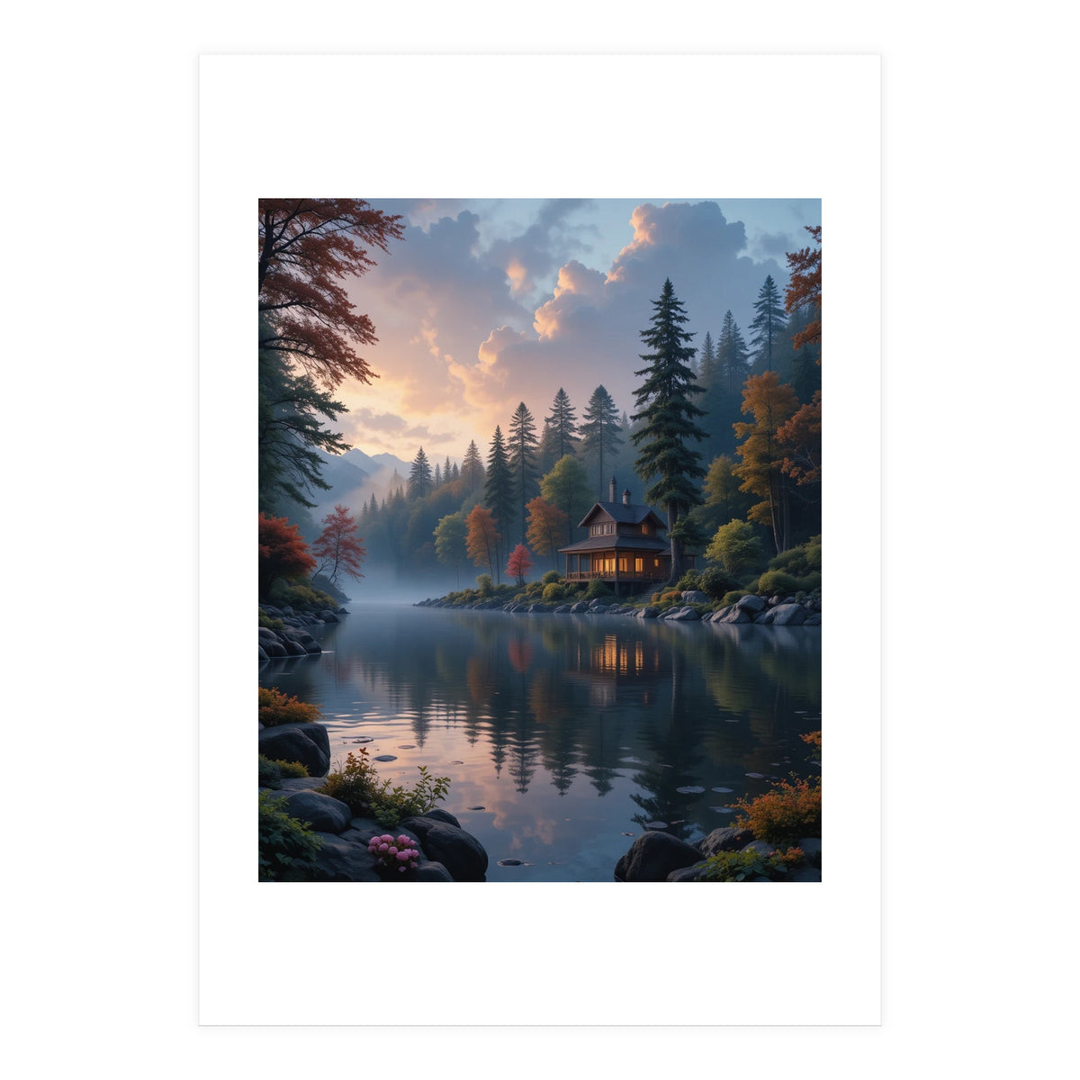 Serene Lakeside Retreat in Autumn Forest (Print Only)