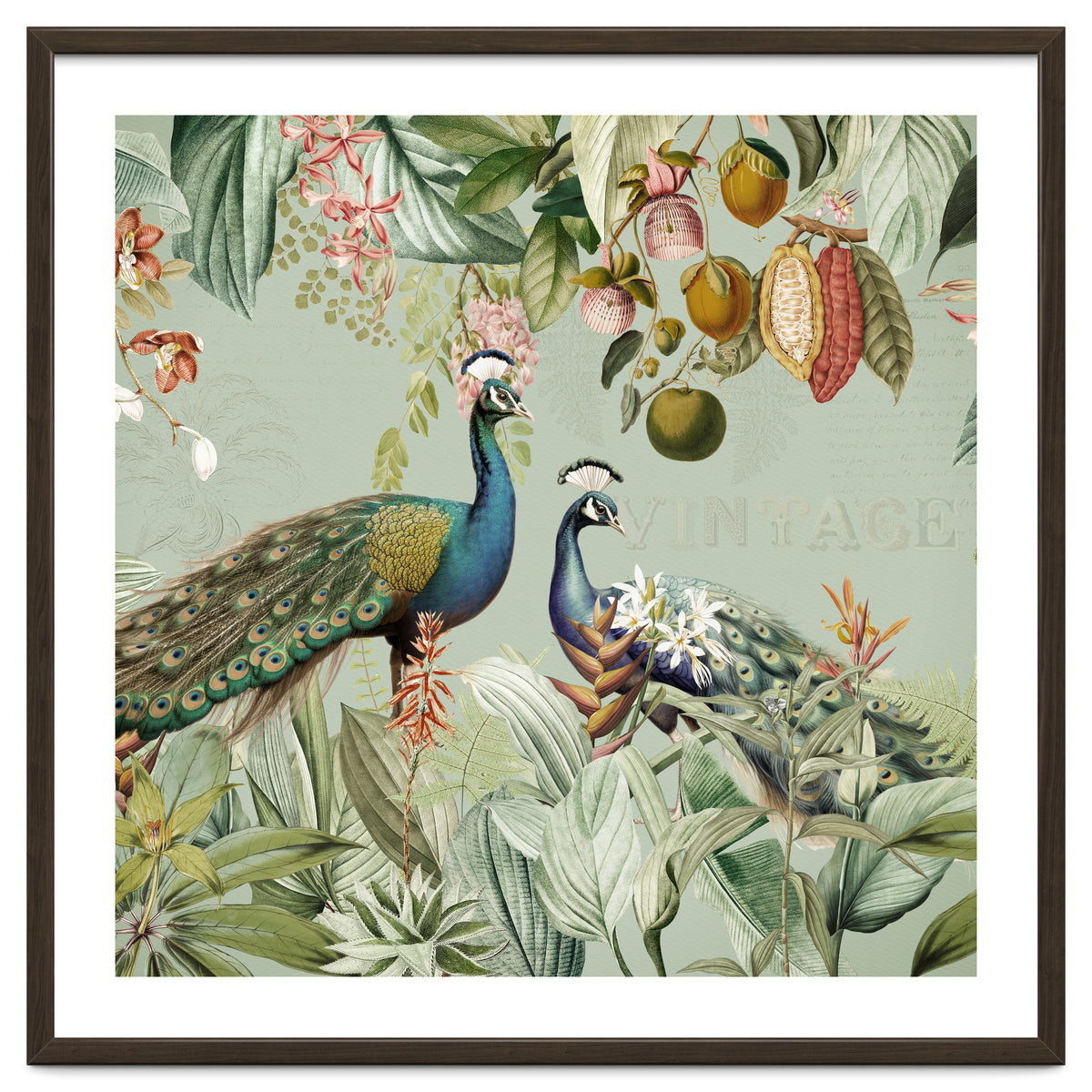 Vintage Exotic Asian Peacocks In Tropical Jungle Landscape