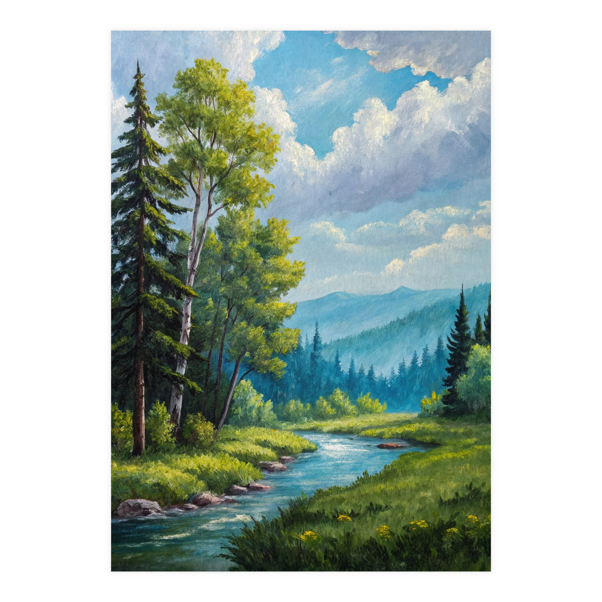 Serene Mountain River Landscape Oil Painting (Print Only)