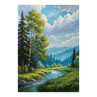 Serene Mountain River Landscape Oil Painting (Print Only)