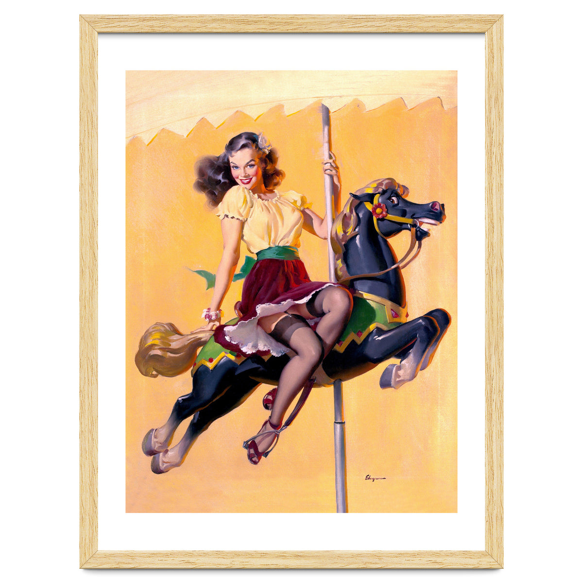 Pinup Sexy Girl Riding A Wooden Horse