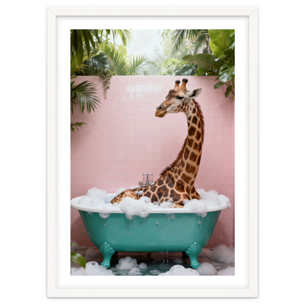 Giraffe in Bathtub, Whimsical Bathroom Art