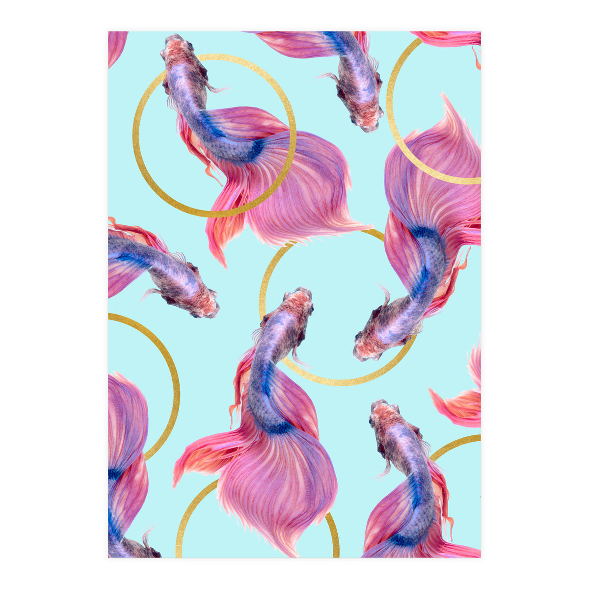 HullaHoops, Eclectic Colorful Fish Graphic Design, Animals Gold Rings Surrealism Quirky (Print Only)