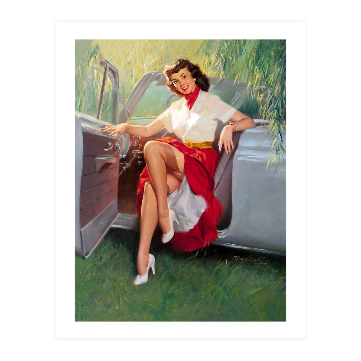 Sexy Pinup Woman Posing In Convertible Car (Print Only)
