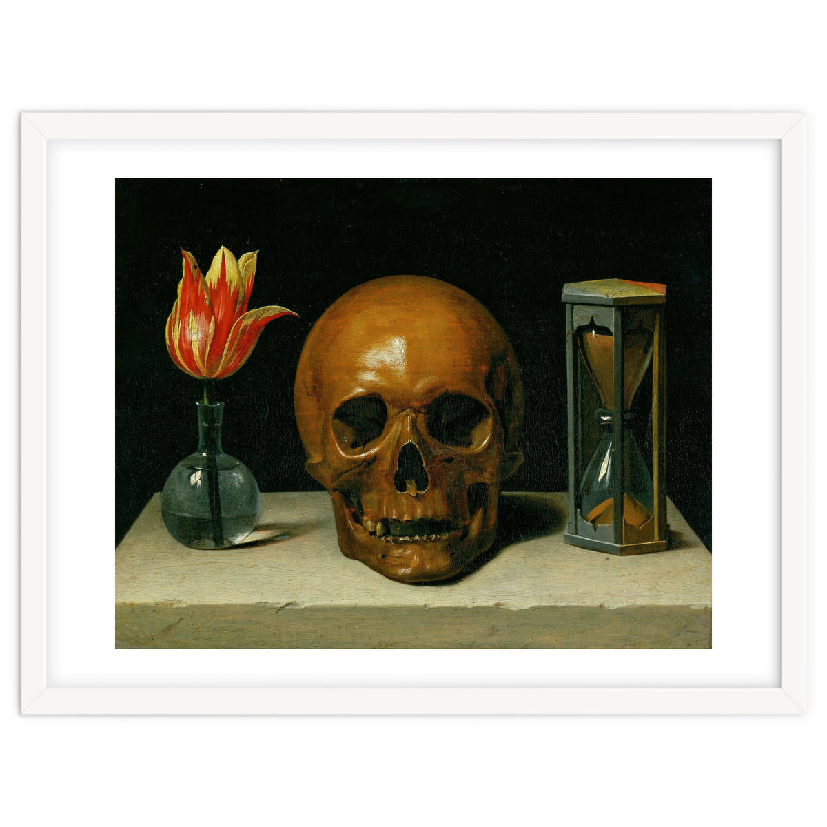Vanitas, allegory of fleeting time with skull and hour-glass. Oil on canvas.