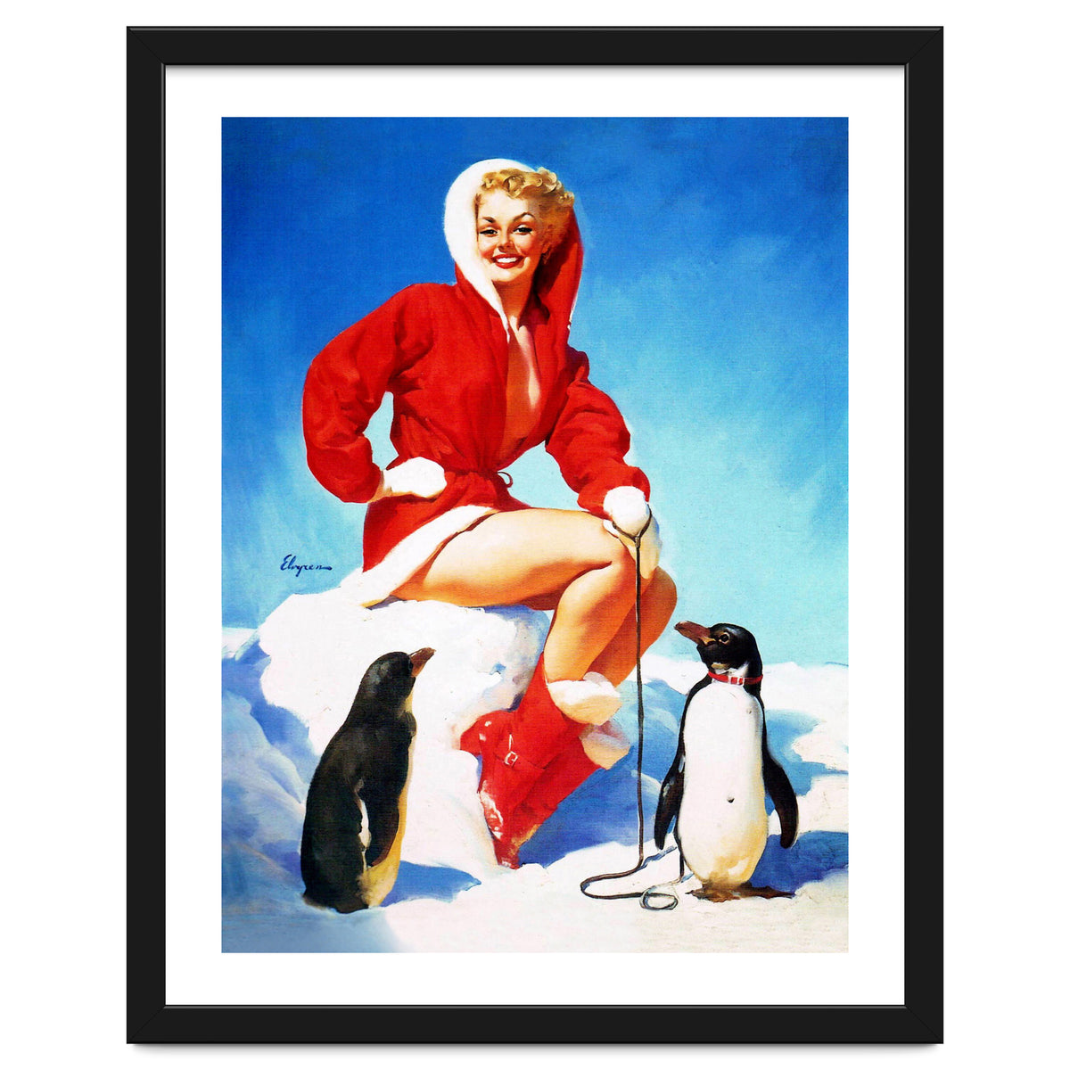 Pinup Sexy Woman Posing With Two Penguins