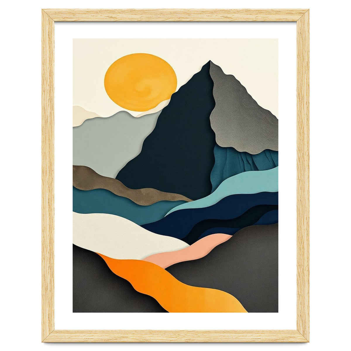 Minimalist Layered Mountain Landscape with Golden Sun