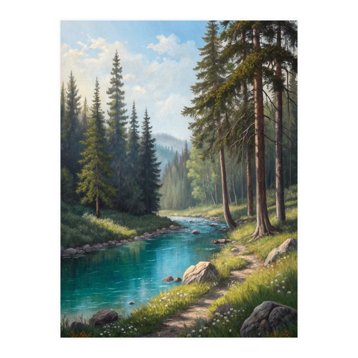 Serene Alpine Forest River Landscape (Print Only)
