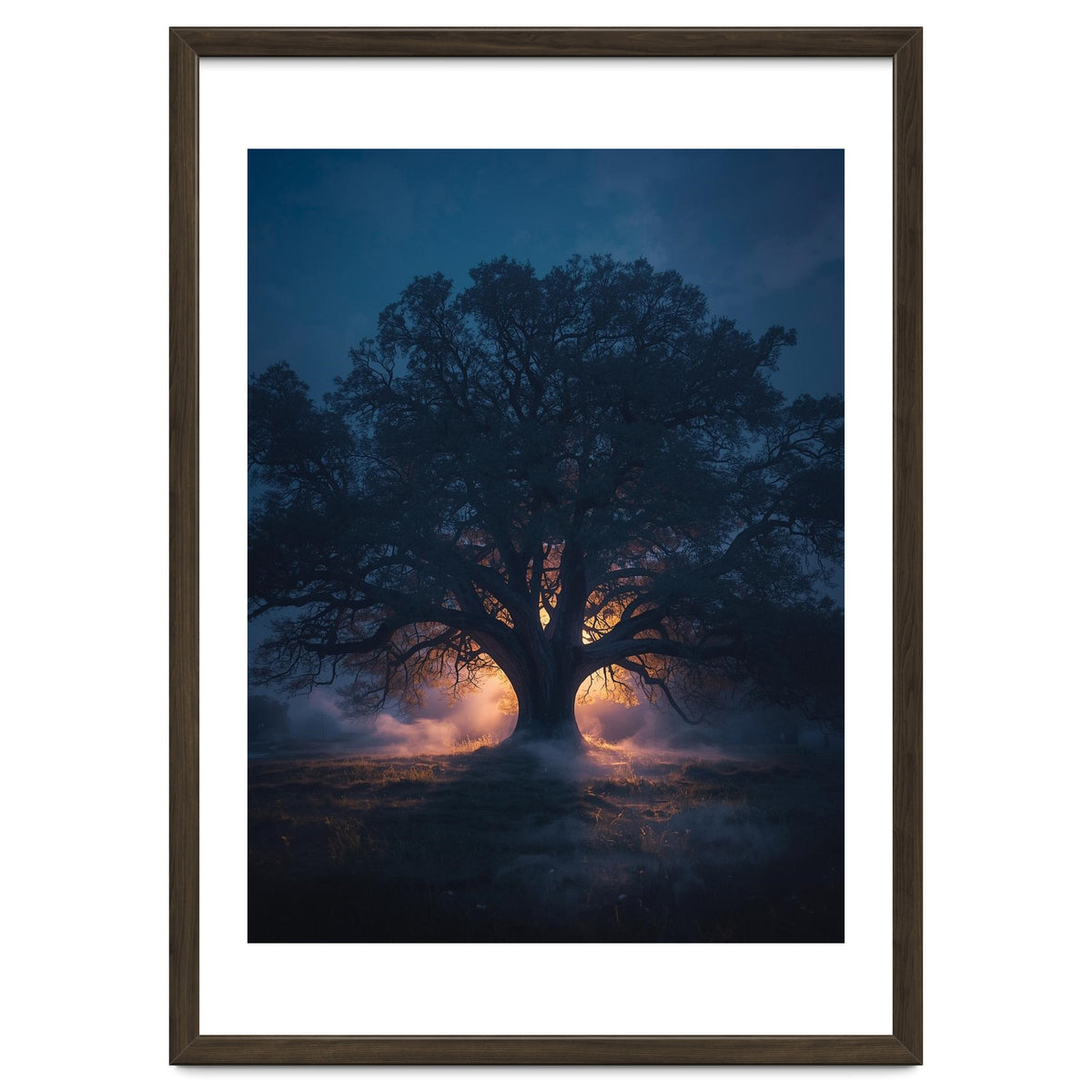 Ancient Mystical Oak Silhouette at Twilight with Ethereal Wisps