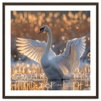Swan Spreading Wings In Water Sunlight