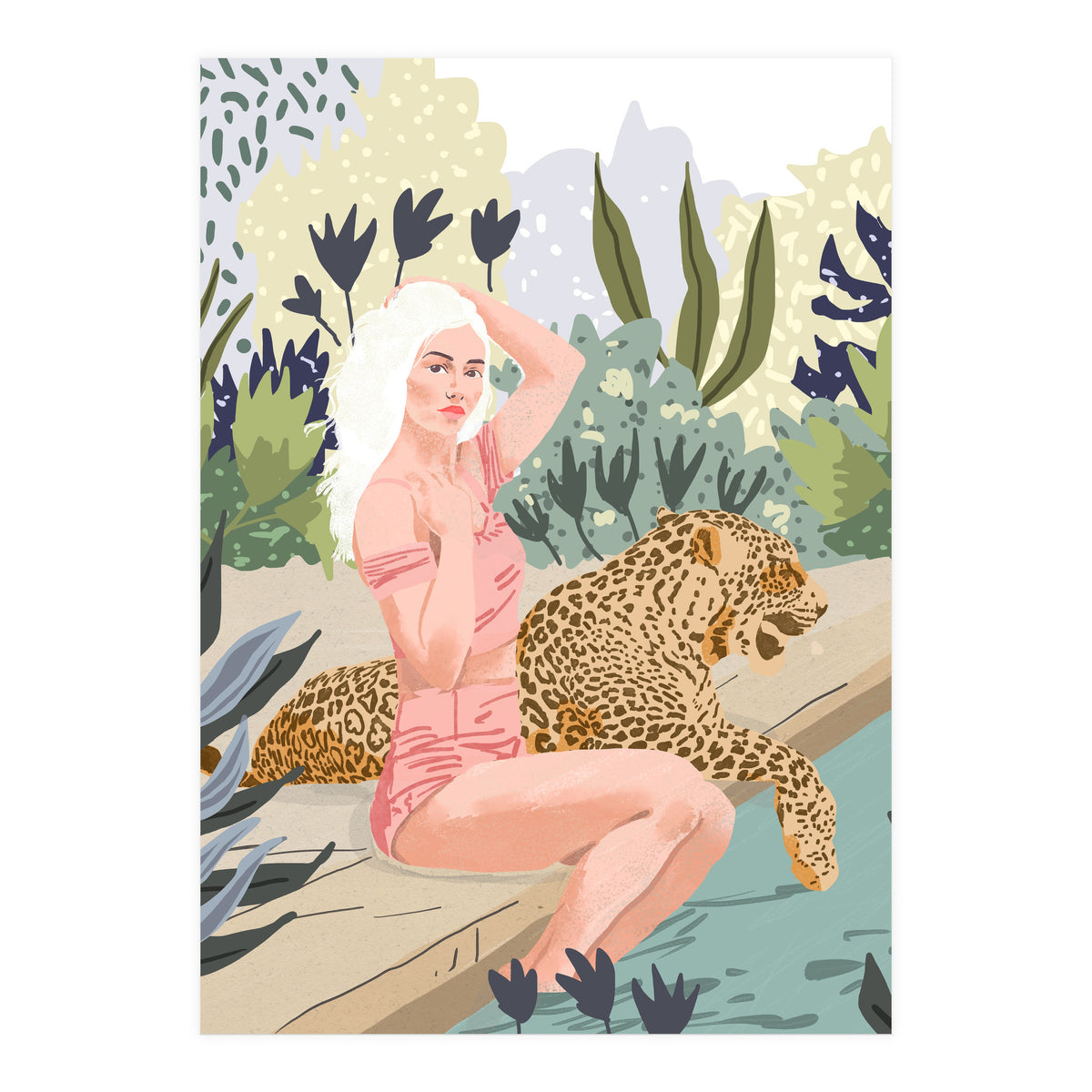 How to Train Your Leopard, Wild Cat Bohemian Woman Painting, Swimming Pool Bikini Summer Swim Animal (Print Only)