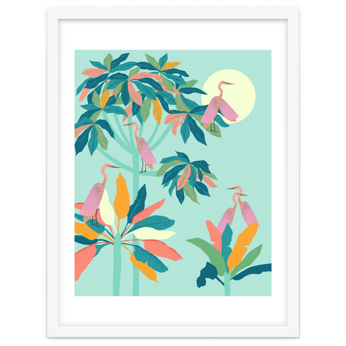 Drawn To The Moon, Stork Heron Flamingo Birds, Tropical Pastel Wildlife Forest Nature, Animals Jungle Bohemian Eclectic Fly