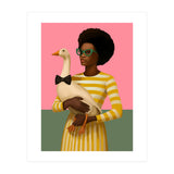 Stylish Woman Holding Goose In Striped Dress (Print Only) thumbnail