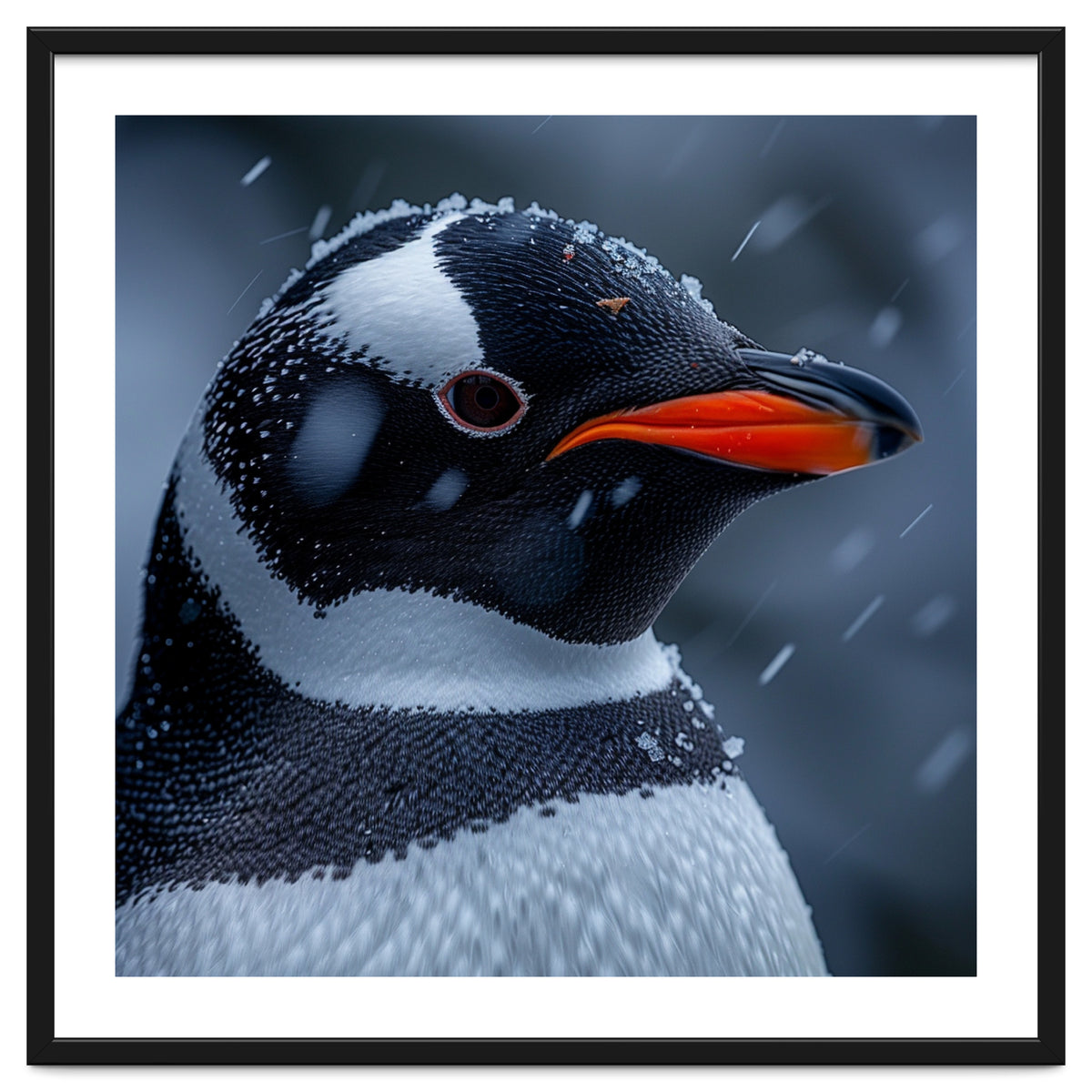 Close Up Penguin Portrait In Snowy Weather
