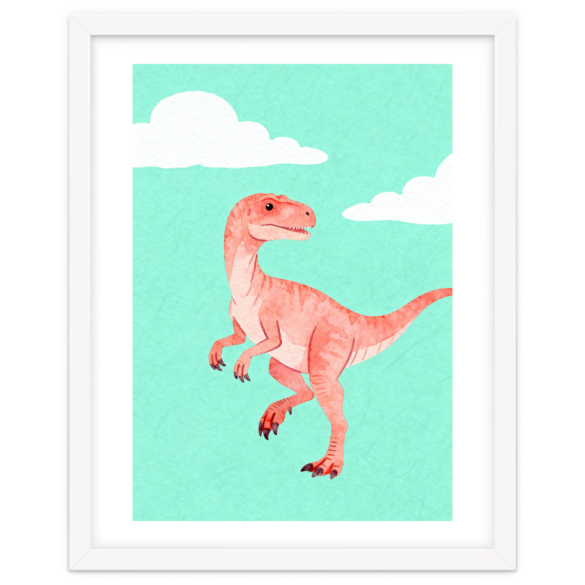 Velociraptor Watercolor Art, Cute Dino Nursery Print, Whimsical Dinosaur Illustration