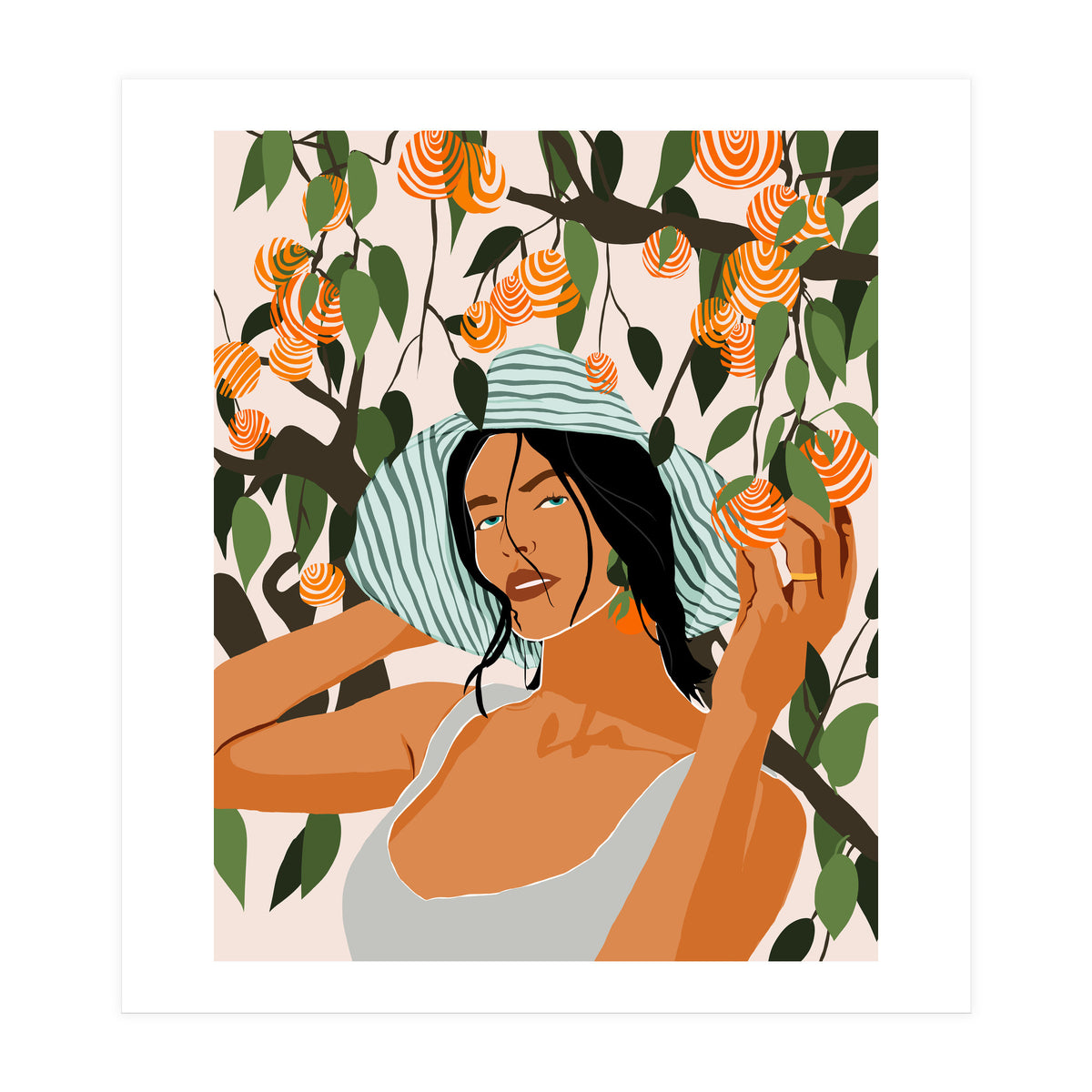 The Orange Grove, Bohemian Woman Summer Travel, Fashion Botanical Nature Garden, Plants Fruits Juicy (Print Only)