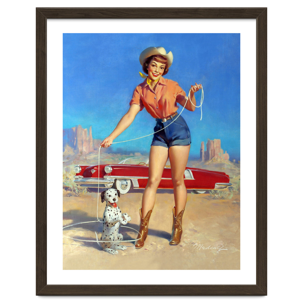 Pinup Cowgirl Showing A New Dog Trick