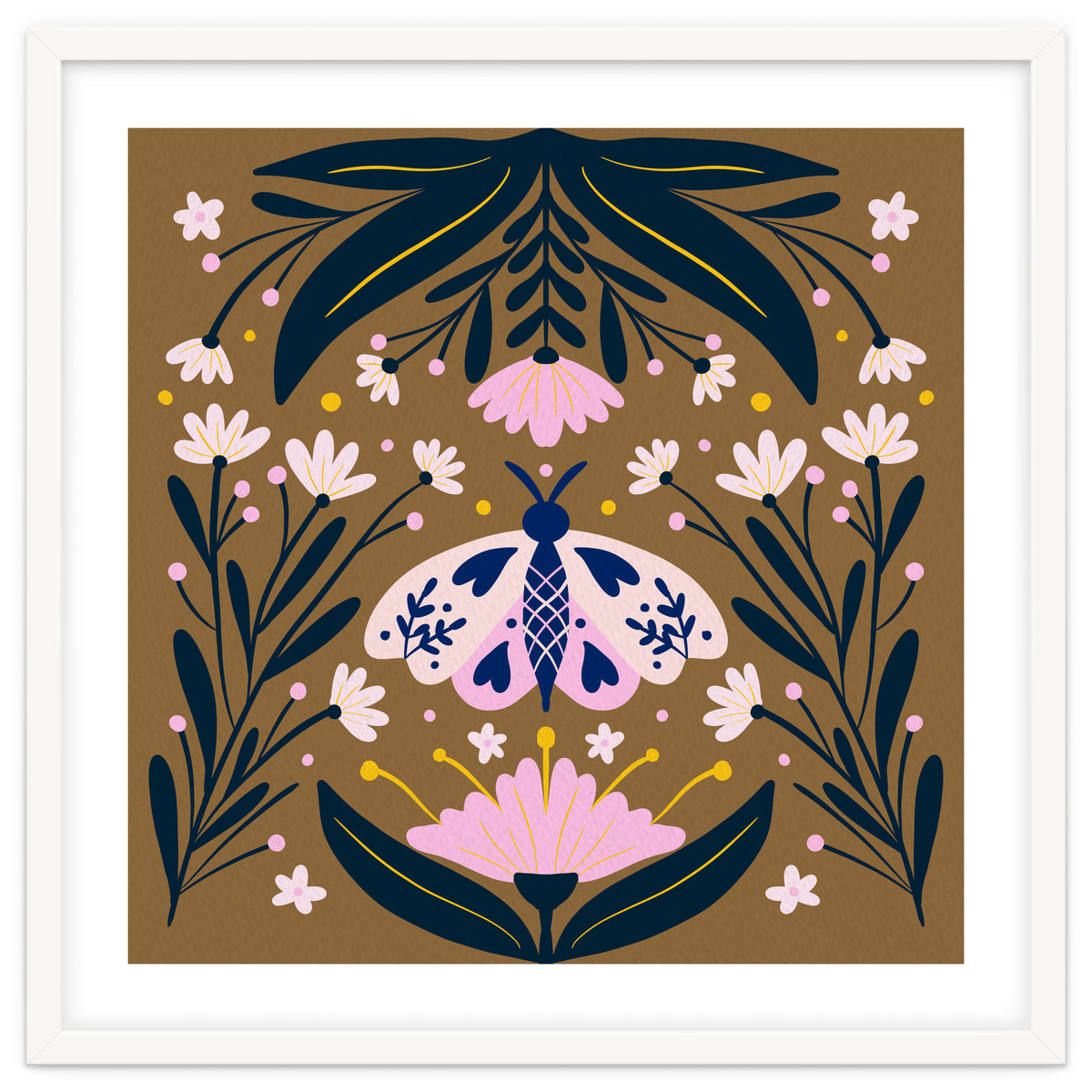 Pink Moth with Flowers on a brown background