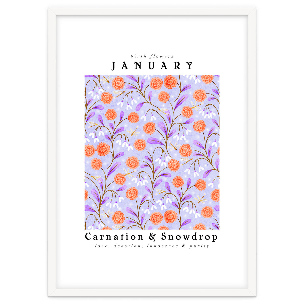 Carnations And Snowdrop January Birth Flower Floral Print