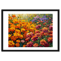 Radiant Summer Zinnia and Marigold Meadow Oil Painting