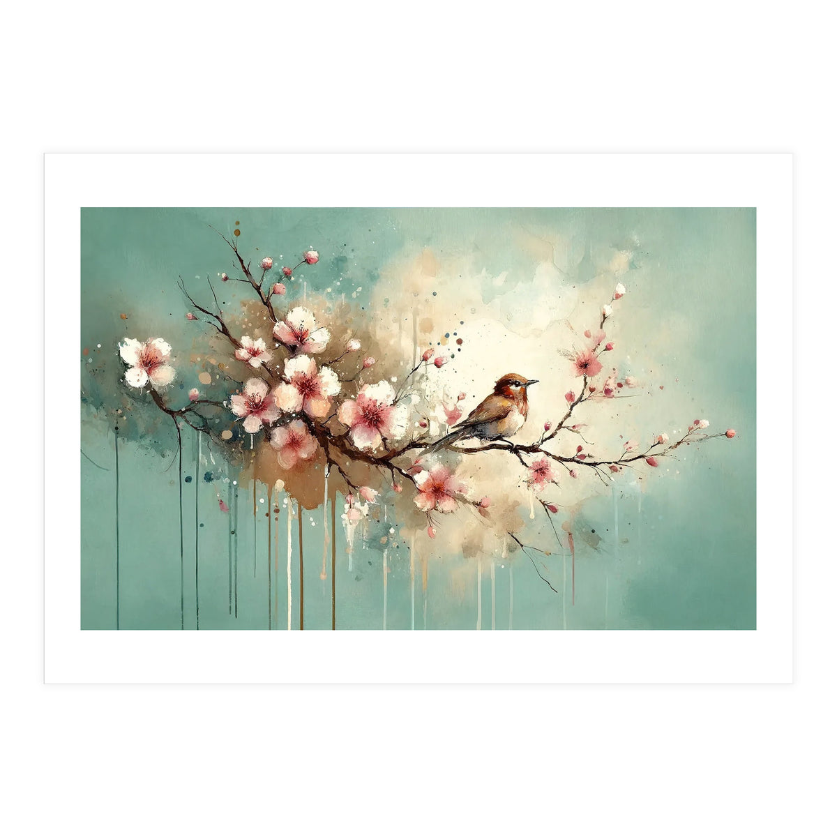 Bird Resting On Cherry Blossom Branch (Print Only)