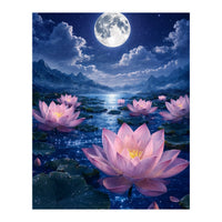 Moonlit Lotus Pond: Serene Nighttime Floral Landscape (Print Only)
