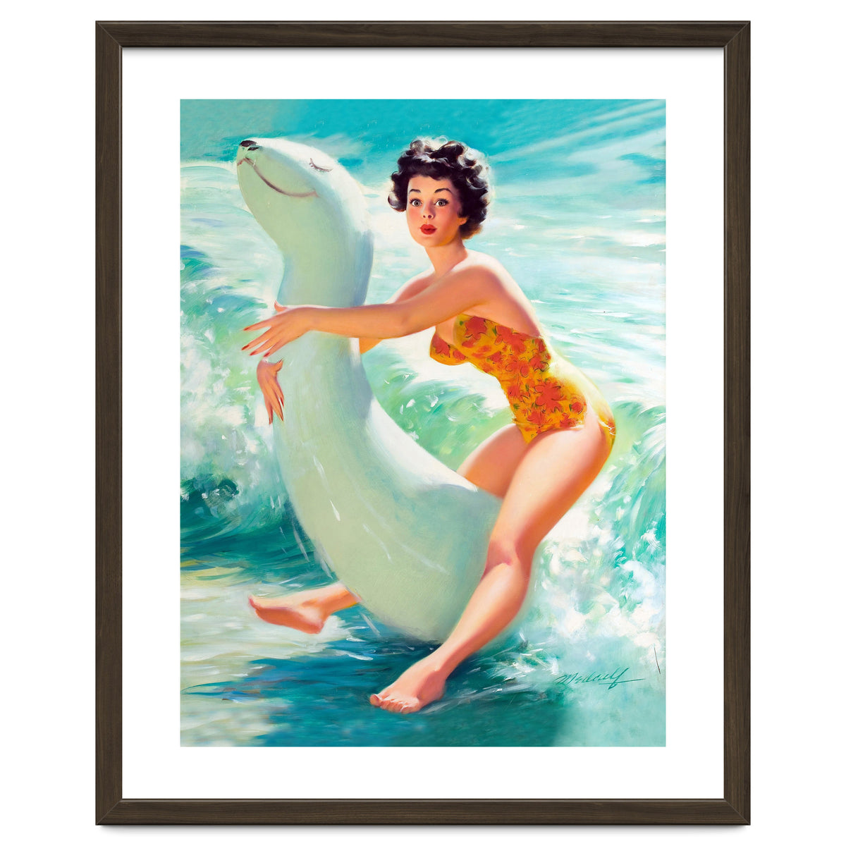 Happy Pinup Girl On The Beach Hugging Her Rubber Toy