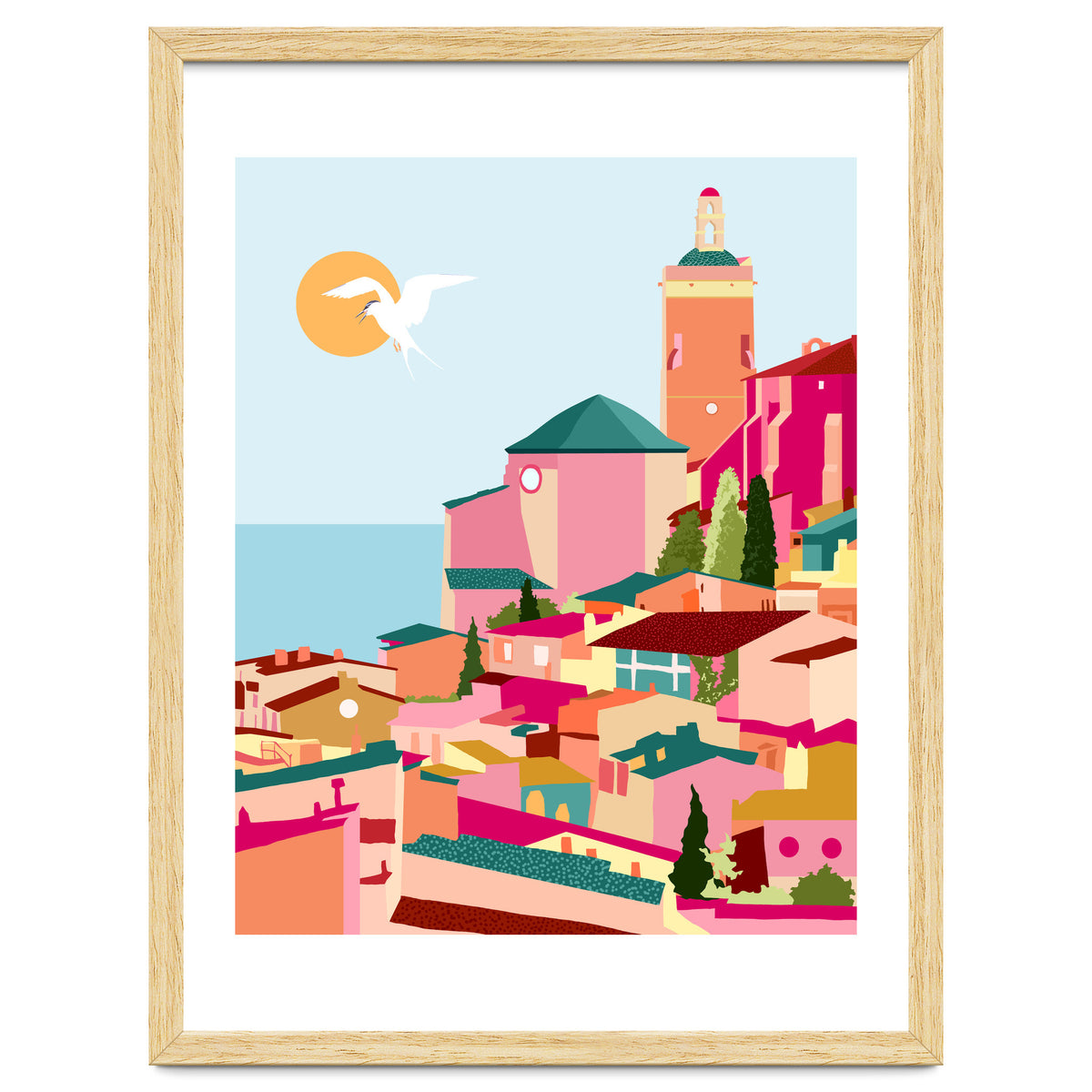 Crimson Rouge, Colorful Architecture Buildings, Greece Cityscape Skyline, Seagull Travel Summer Eclectic Bohemian Pop Of Color Positivity