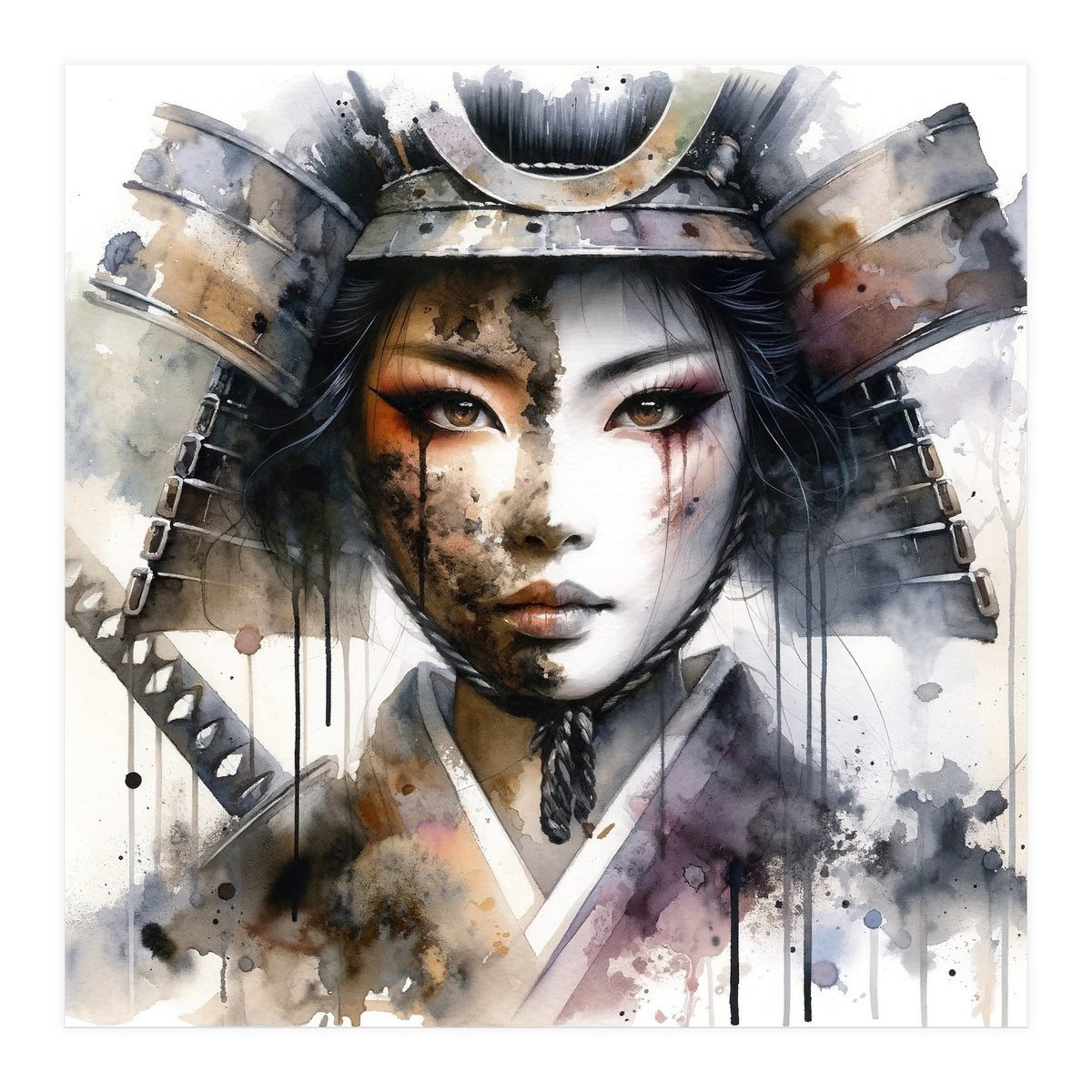 Ink Veil Asian Warrior Woman Portrait (Print Only)