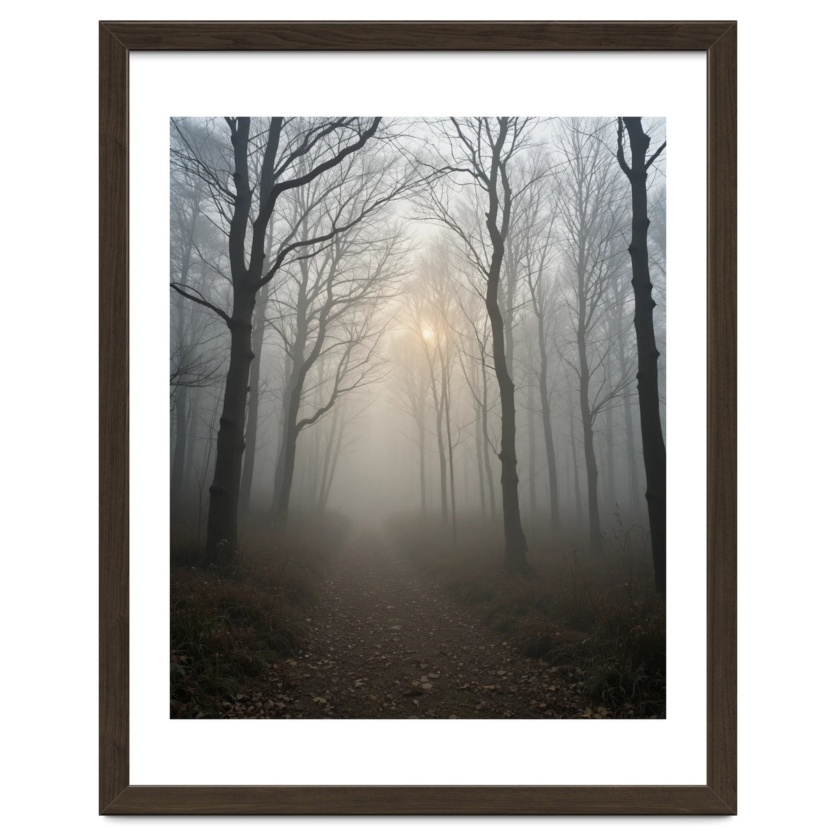 Ethereal Morning Light Breaking Through Dense Forest Fog