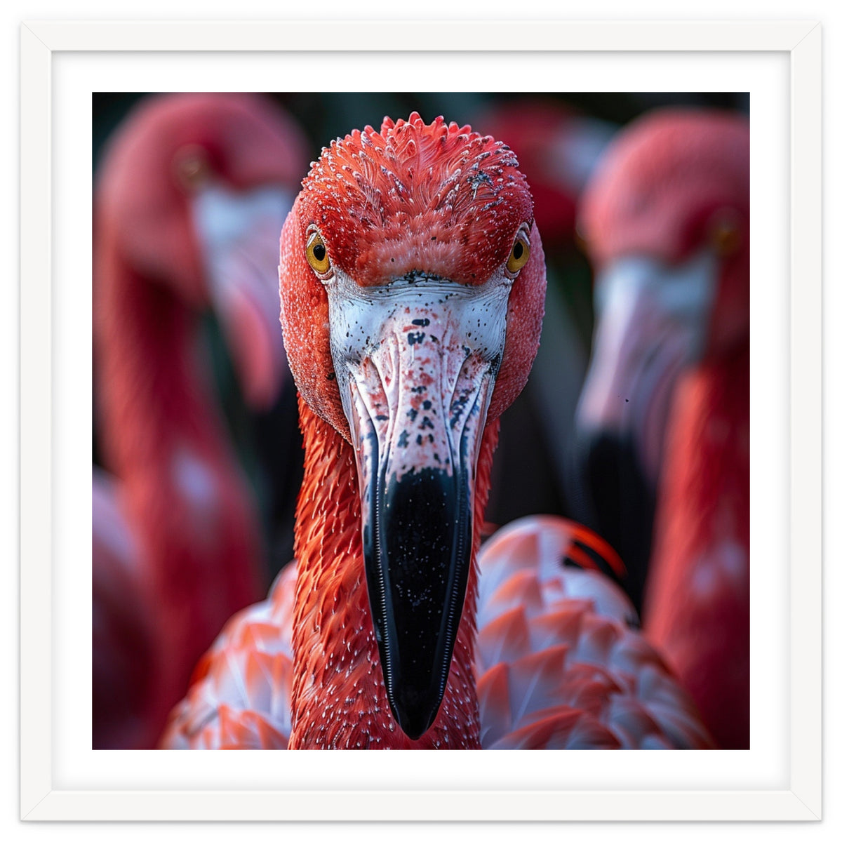 Close Up Of A Flamingo Bird Face, Pink Feathers
