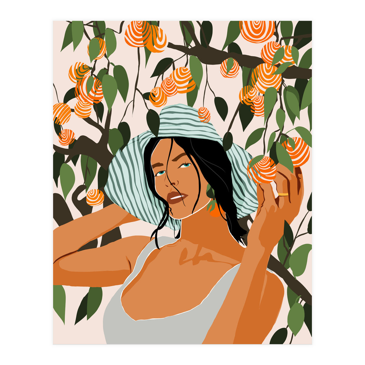 The Orange Grove, Bohemian Woman Summer Travel, Fashion Botanical Nature Garden, Plants Fruits Juicy (Print Only)