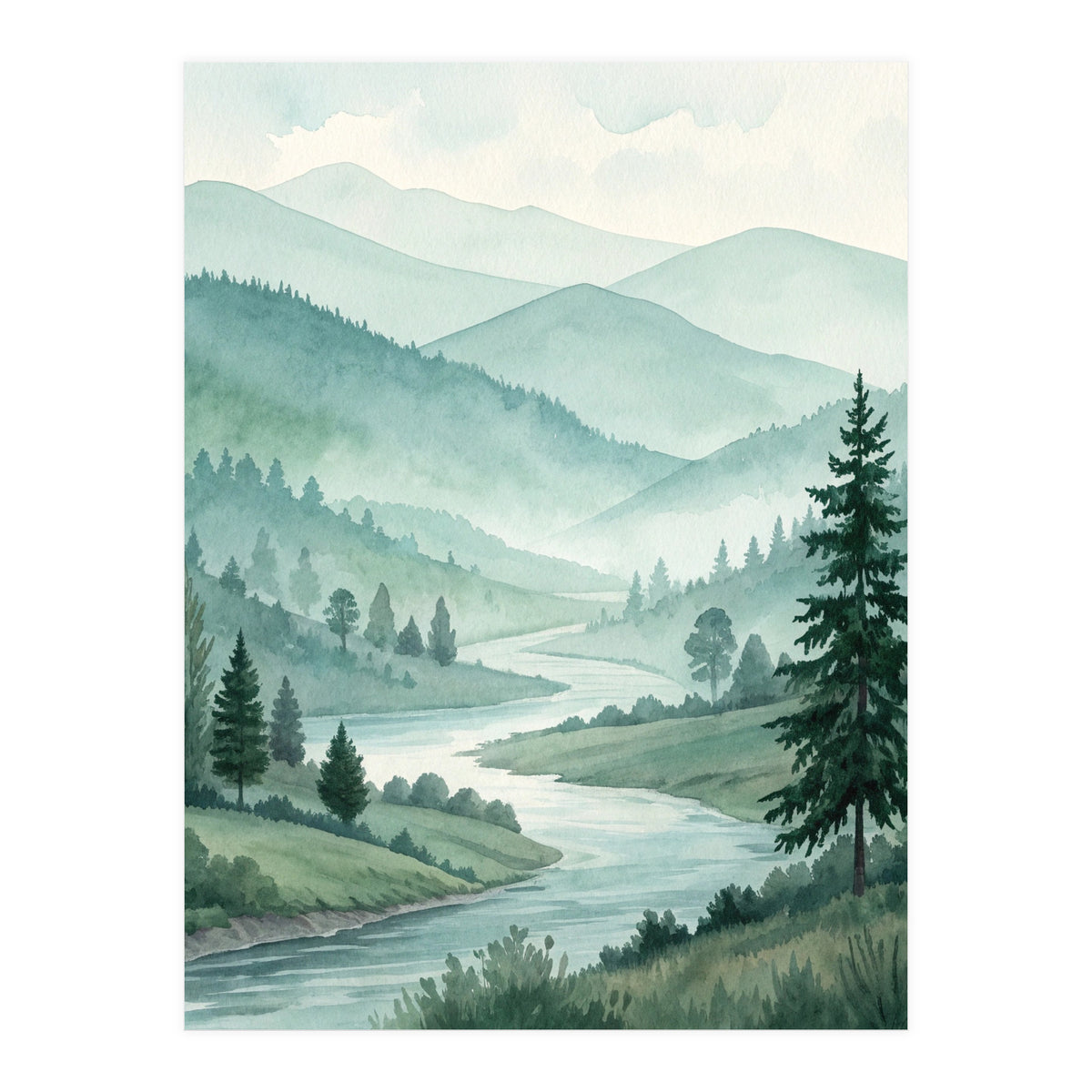 Serene Misty Mountain Valley Watercolor Painting (Print Only)
