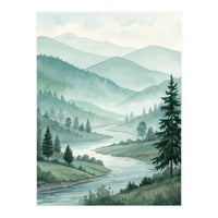Serene Misty Mountain Valley Watercolor Painting (Print Only)