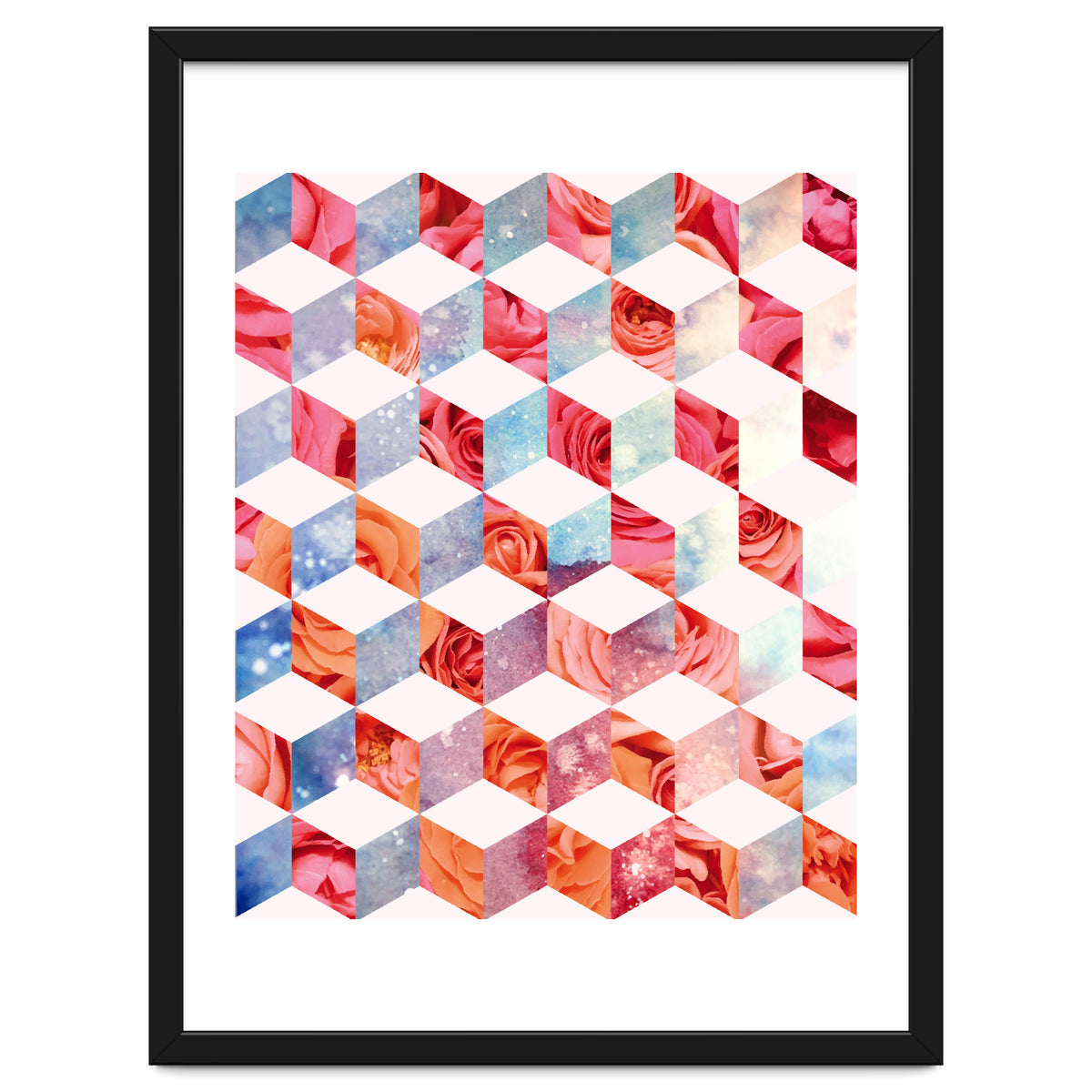 Eve's Sweet Garden of Roses, Geometrical Eclectic Shapes Digital Collage, Surrealism Floral illusion