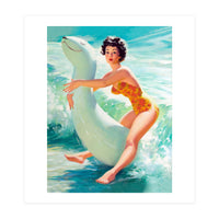 Happy Pinup Girl On The Beach Hugging Her Rubber Toy (Print Only)