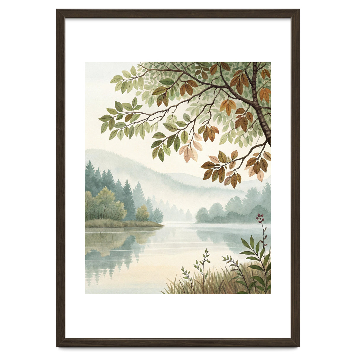 Tranquil Lakeside Forest Watercolor Painting with Overhanging Autumn Branches and Misty Mountain Reflection