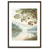 Tranquil Lakeside Forest Watercolor Painting with Overhanging Autumn Branches and Misty Mountain Reflection