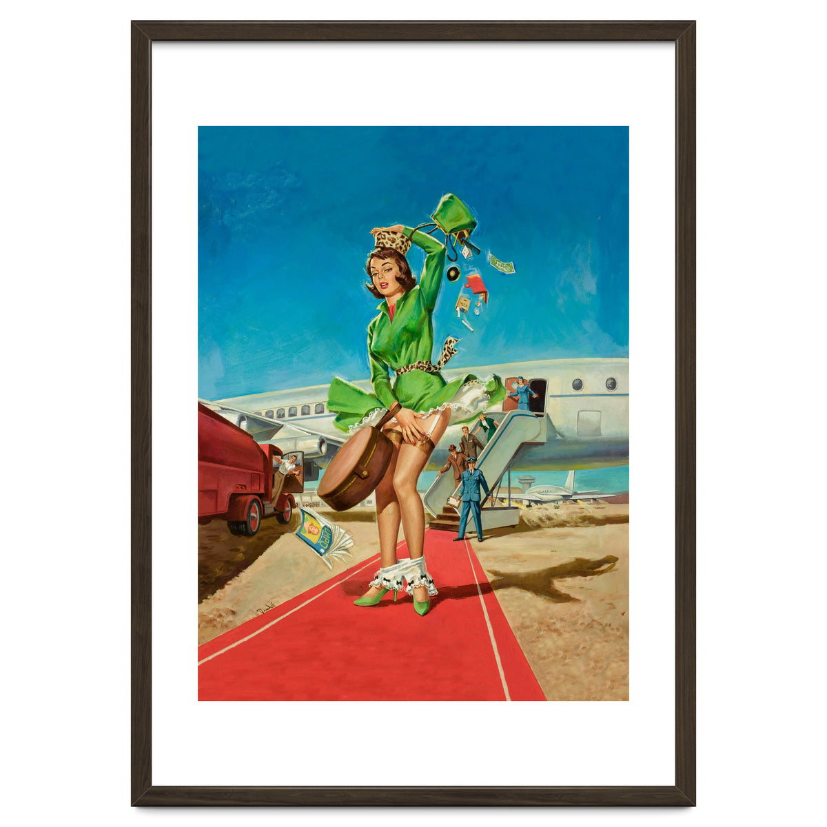 Sexy Pinup Brunette Experiencing Sudden Wind At The Airport